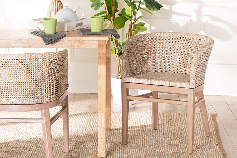 bali & pari Papua Modern Bohemian Antique White Washed Rattan and Mahogany Wood Dining Chair FredCo