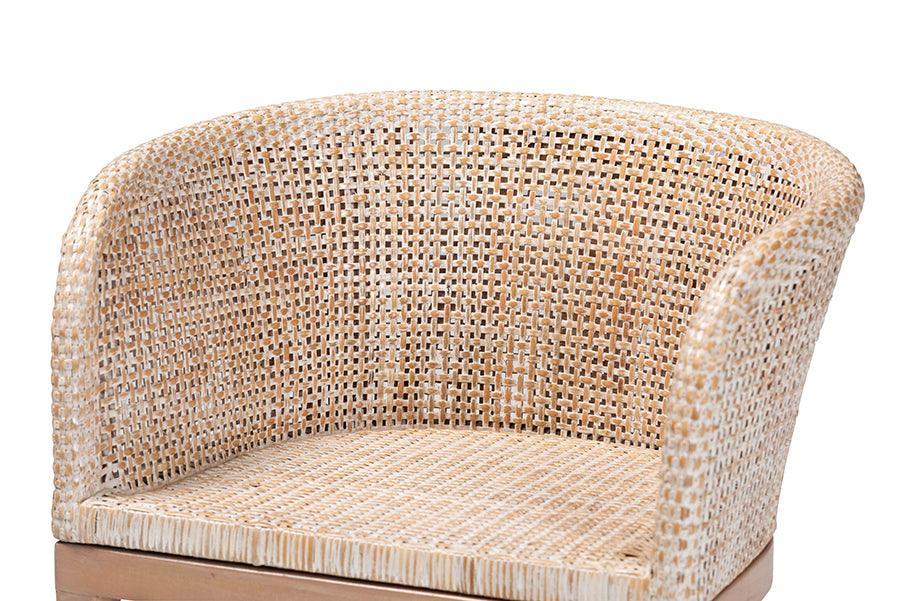 bali & pari Papua Modern Bohemian Antique White Washed Rattan and Mahogany Wood Dining Chair FredCo