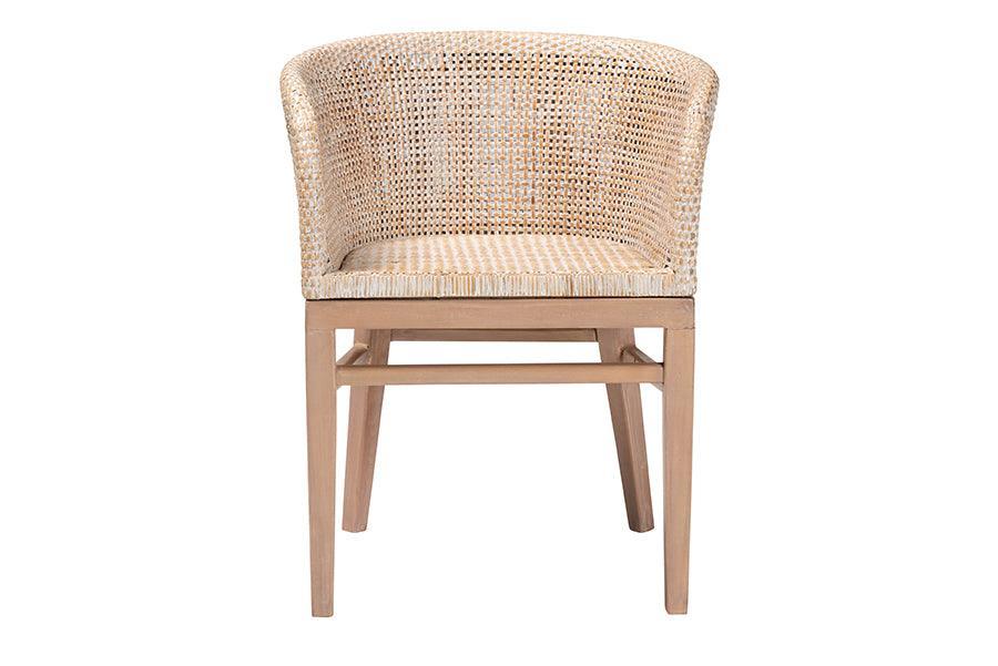 bali & pari Papua Modern Bohemian Antique White Washed Rattan and Mahogany Wood Dining Chair FredCo