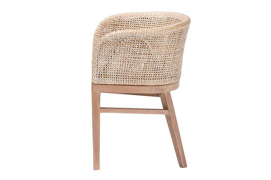 bali & pari Papua Modern Bohemian Antique White Washed Rattan and Mahogany Wood Dining Chair FredCo