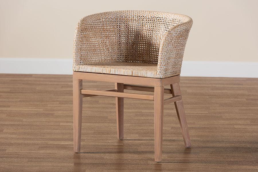 bali & pari Papua Modern Bohemian Antique White Washed Rattan and Mahogany Wood Dining Chair FredCo