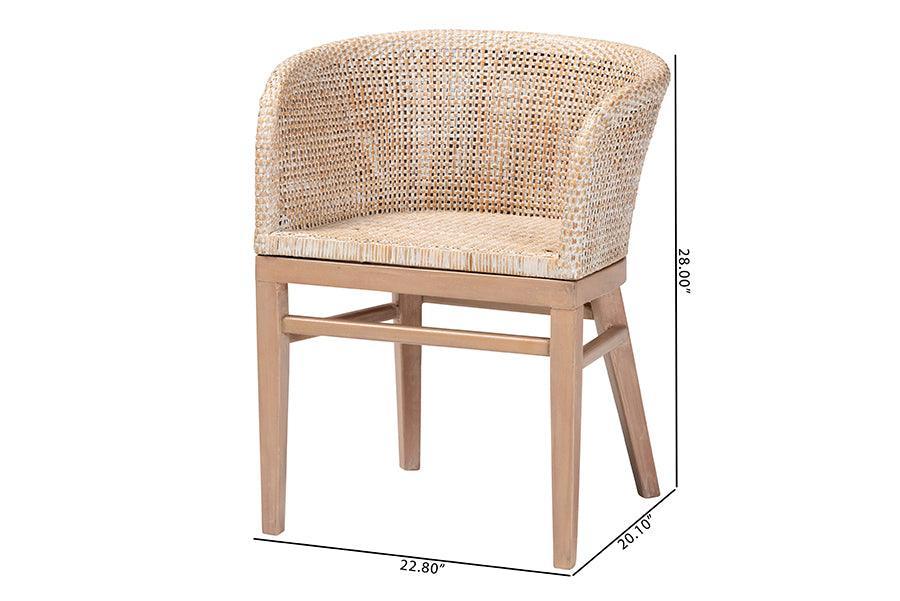 bali & pari Papua Modern Bohemian Antique White Washed Rattan and Mahogany Wood Dining Chair FredCo