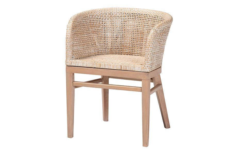 bali & pari Papua Modern Bohemian Antique White Washed Rattan and Mahogany Wood Dining Chair FredCo