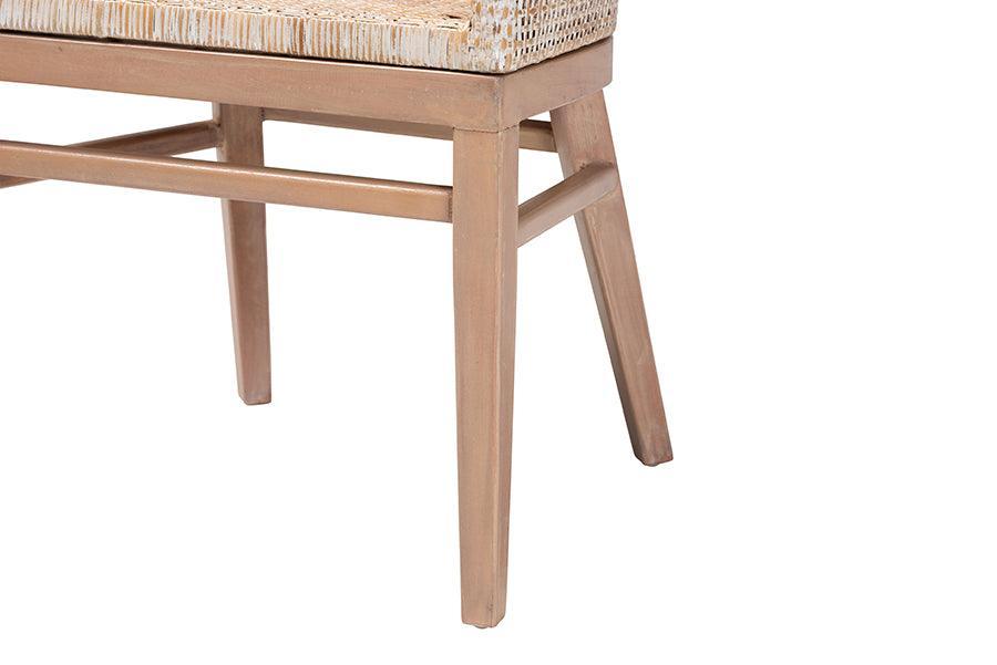 bali & pari Papua Modern Bohemian Antique White Washed Rattan and Mahogany Wood Dining Chair FredCo
