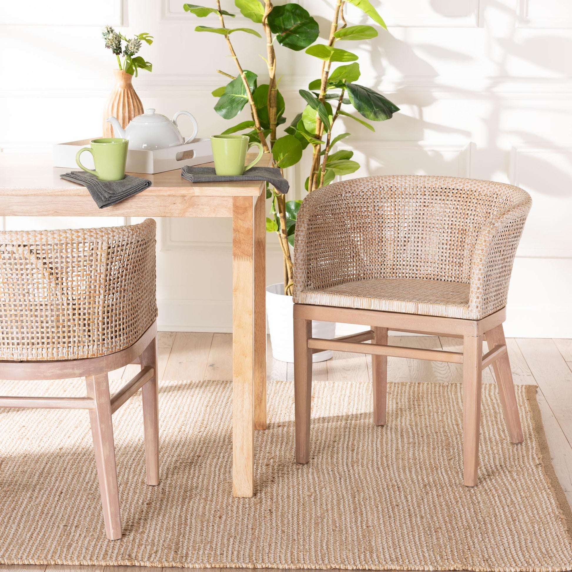 bali & pari Papua Modern Bohemian Antique White Washed Rattan and Mahogany Wood Dining Chair FredCo