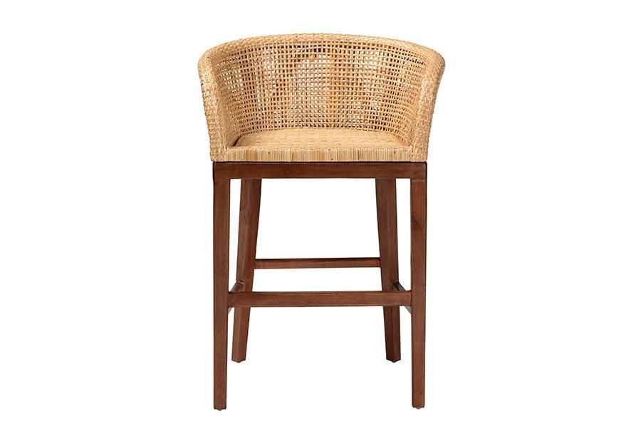 bali & pari Papua Modern Bohemian Natural Rattan and Walnut Brown Acacia Wood Counter Stool FredCo