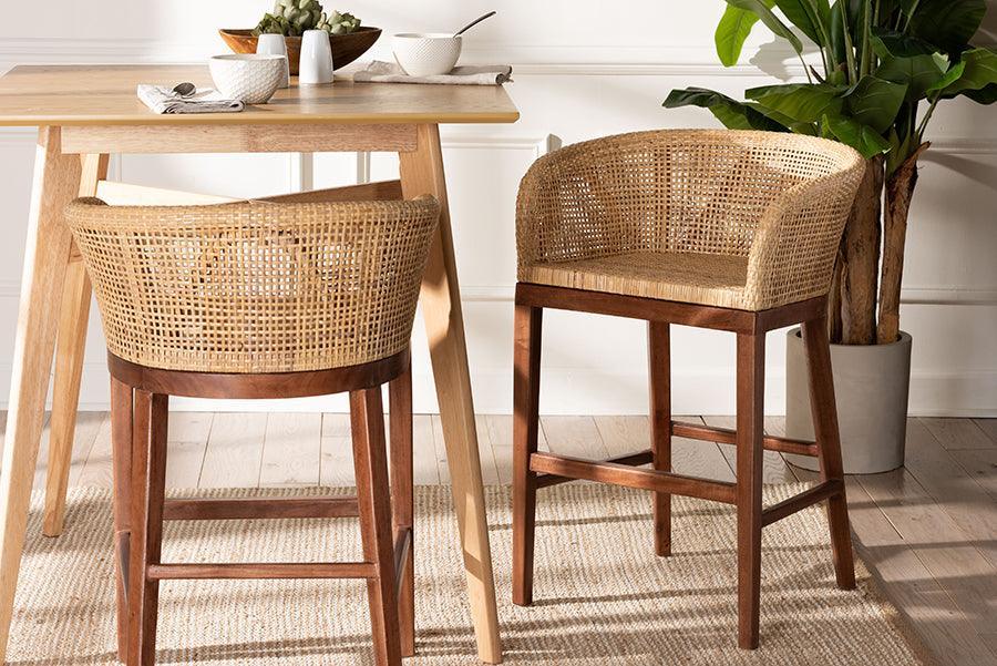 bali & pari Papua Modern Bohemian Natural Rattan and Walnut Brown Acacia Wood Counter Stool FredCo