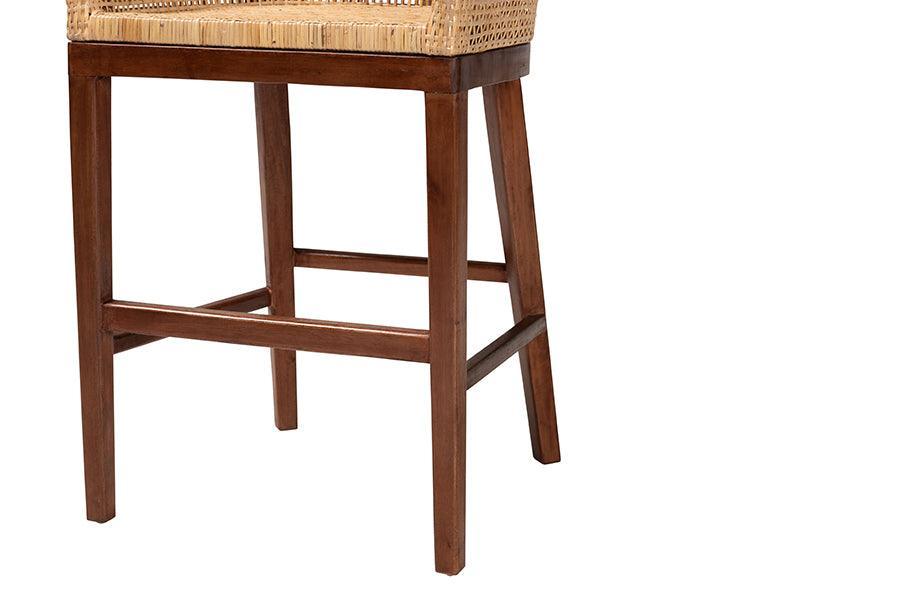 bali & pari Papua Modern Bohemian Natural Rattan and Walnut Brown Acacia Wood Counter Stool FredCo