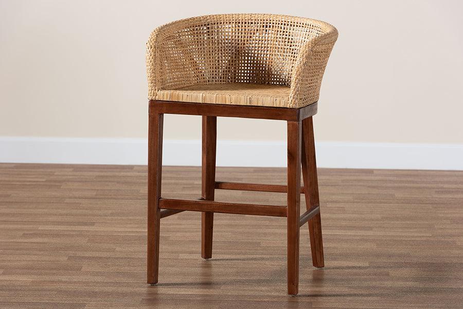 bali & pari Papua Modern Bohemian Natural Rattan and Walnut Brown Acacia Wood Counter Stool FredCo