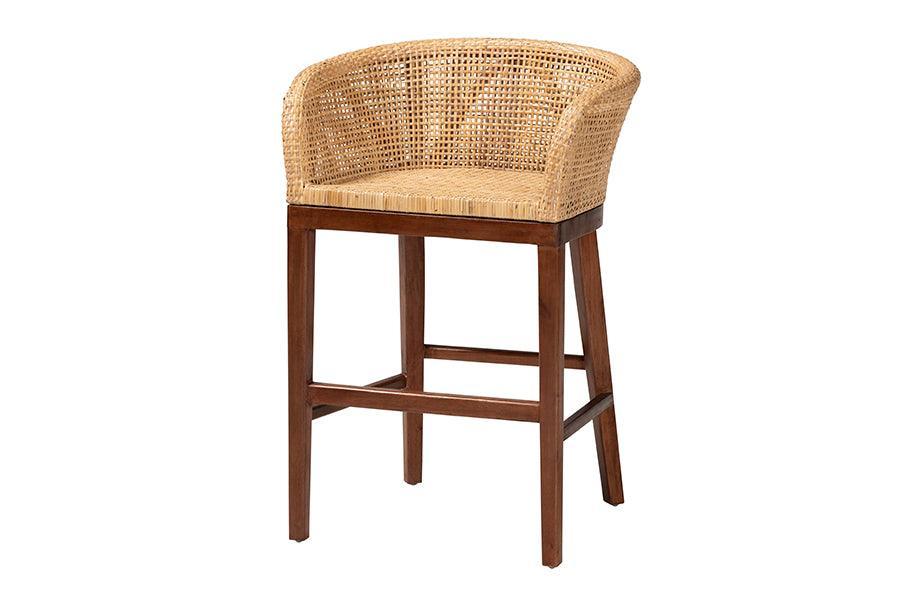 bali & pari Papua Modern Bohemian Natural Rattan and Walnut Brown Acacia Wood Counter Stool FredCo