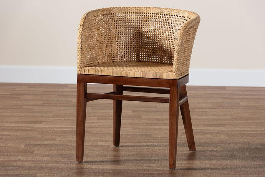bali & pari Papua Modern Bohemian Natural Rattan and Walnut Brown Acacia Wood Dining Chair FredCo