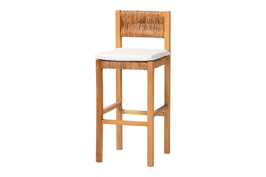 Wood bar stool with woven backrest and seat, white cushion, modern home furniture