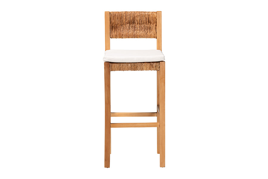 Natural wood bar stool with woven rattan back and white cushion, FredCo International furniture