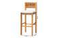 Natural wood bar stool with woven backrest, white cushion, and measurements visible