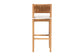 Wooden bar stool with woven natural fiber backrest and white cushioned seat