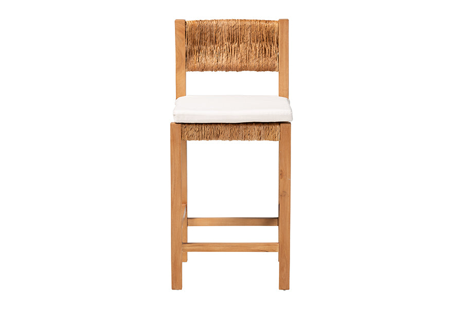 Wooden bar stool with woven backrest and white cushion, FredCo International furniture