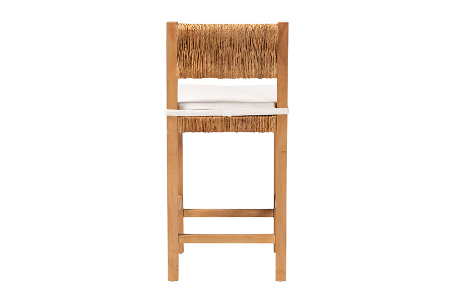Wood bar stool with natural woven backrest and seat, white cushion, FredCo International
