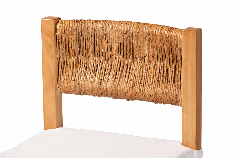 Wooden chair with woven rattan backrest and white upholstered seat, FredCo International furniture