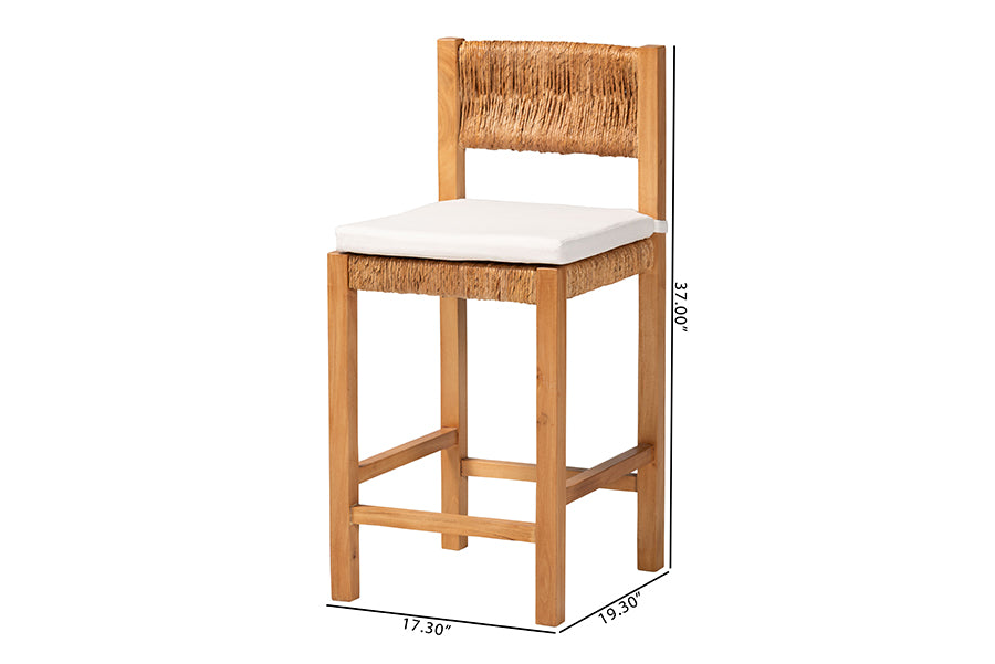Wooden bar stool with woven back, white cushion seat, and visible dimensions