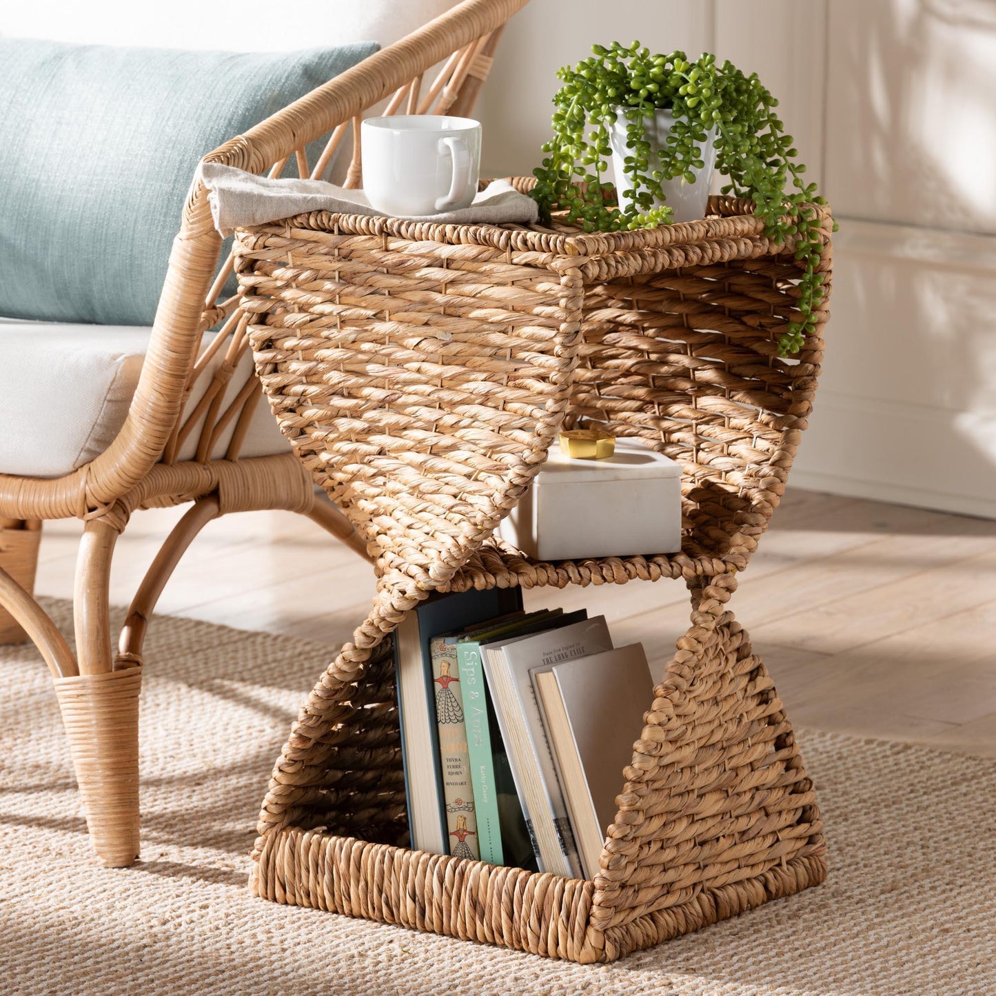 bali & pari Pelleas Modern Bohemian Natural Brown Seagrass and Wood End Table FredCo