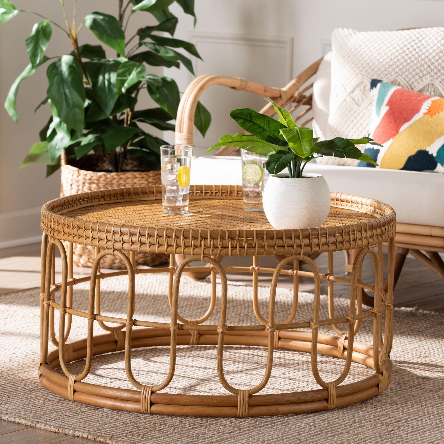bali & pari Phoenix Modern Bohemian Light Honey Rattan Coffee Table FredCo