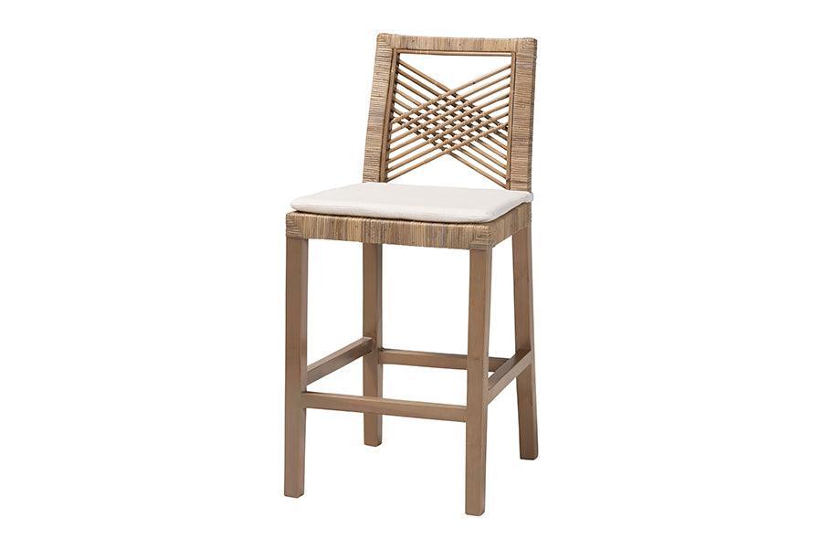 bali & pari Poltak Modern Bohemian Grey Natural Kubu Rattan and Mahogany Wood Counter Stool FredCo