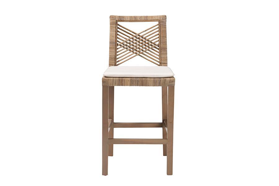 bali & pari Poltak Modern Bohemian Grey Natural Kubu Rattan and Mahogany Wood Counter Stool FredCo
