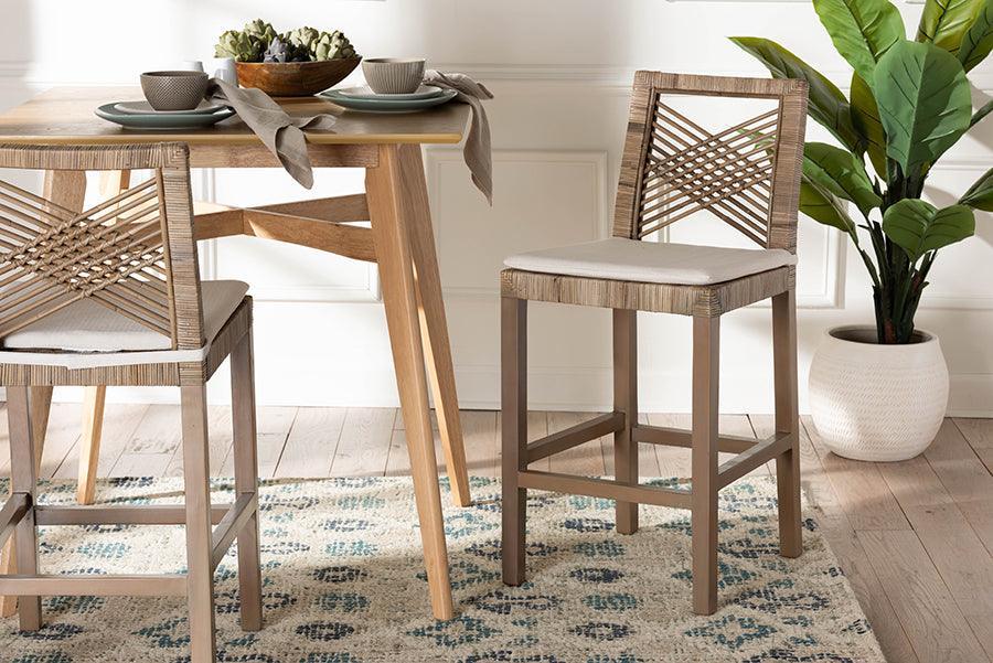bali & pari Poltak Modern Bohemian Grey Natural Kubu Rattan and Mahogany Wood Counter Stool FredCo