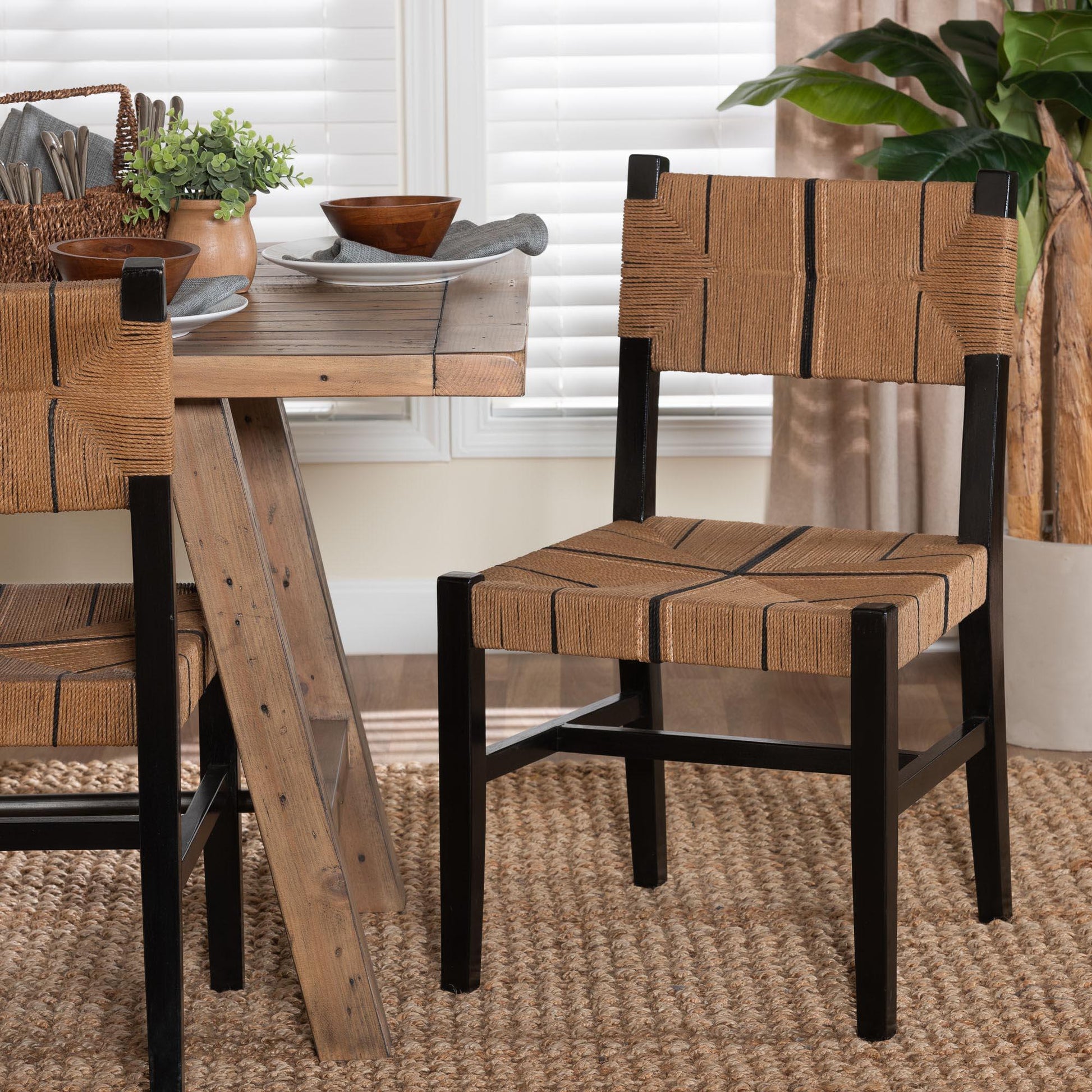 bali & pari Prita Bohemian Paper Loom and Black Mahogany Wood Dining Chair FredCo