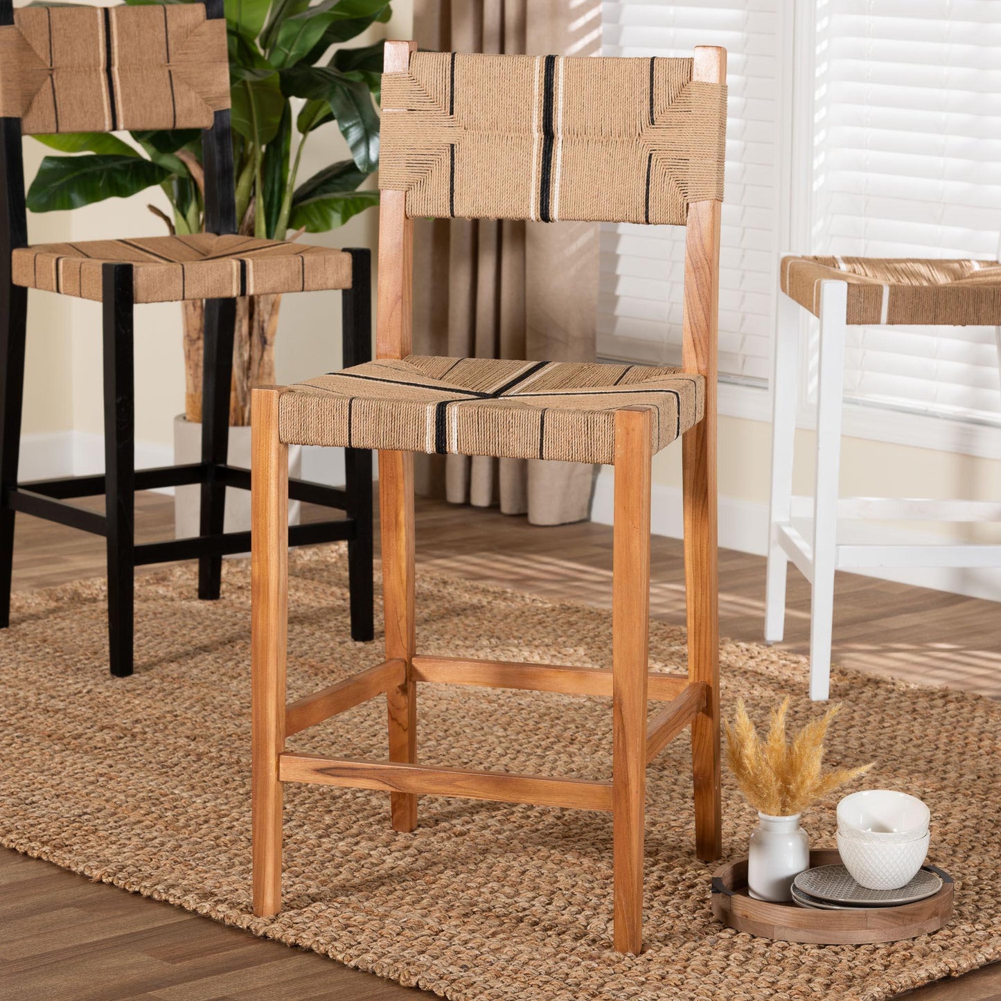 bali & pari Prita Bohemian Paper Loom and Natural Mahogany Wood Bar Stool FredCo