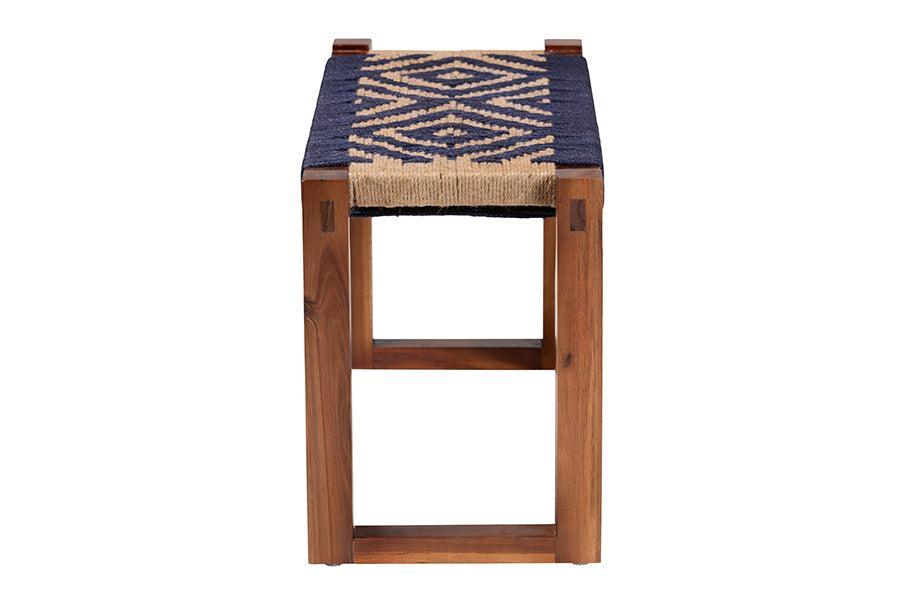 bali & pari Prunella Modern Bohemian Two-Tone Navy Blue and Natural Brown Seagrass and Acacia Wood Accent Bench FredCo