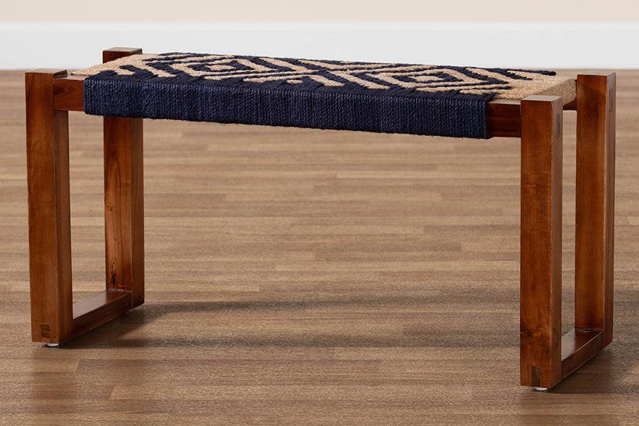 bali & pari Prunella Modern Bohemian Two-Tone Navy Blue and Natural Brown Seagrass and Acacia Wood Accent Bench FredCo