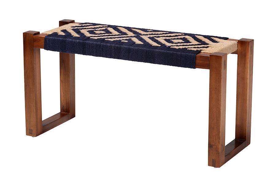 bali & pari Prunella Modern Bohemian Two-Tone Navy Blue and Natural Brown Seagrass and Acacia Wood Accent Bench FredCo