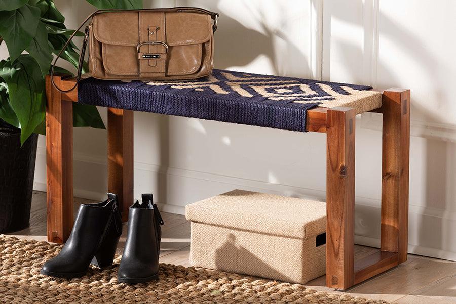 bali & pari Prunella Modern Bohemian Two-Tone Navy Blue and Natural Brown Seagrass and Acacia Wood Accent Bench FredCo