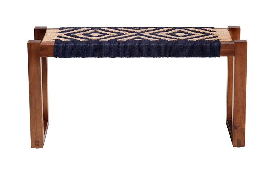 bali & pari Prunella Modern Bohemian Two-Tone Navy Blue and Natural Brown Seagrass and Acacia Wood Accent Bench FredCo
