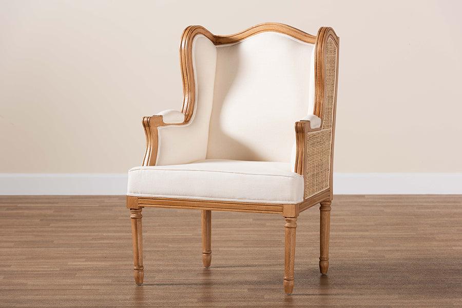 bali & pari Rachana Traditional French Beige Fabric and Honey Oak Finished Wood Accent Chair FredCo