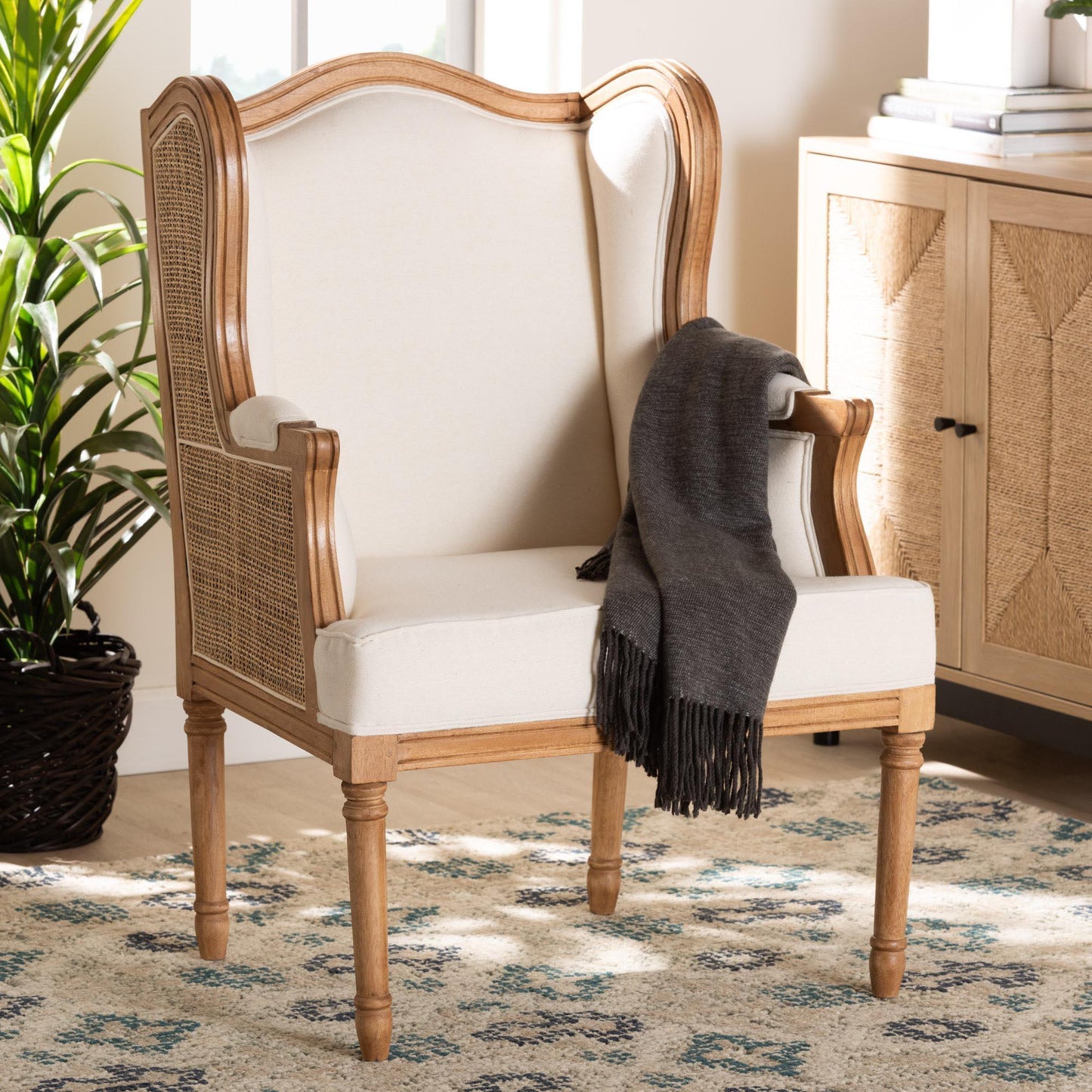 bali & pari Rachana Traditional French Beige Fabric and Honey Oak Finished Wood Accent Chair FredCo