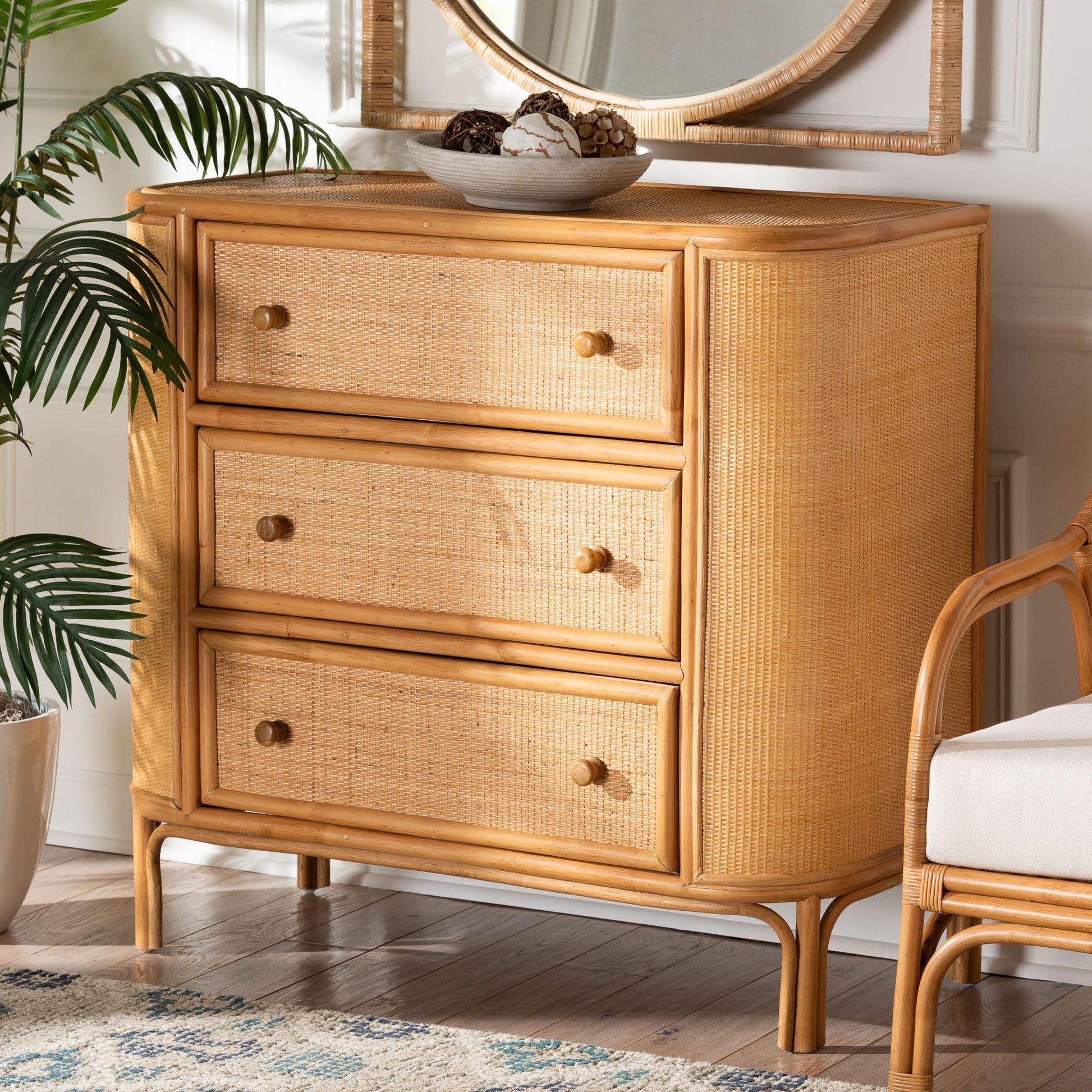 bali & pari Radenza Bohemian Light Honey Rattan 3-Drawer Storage Cabinet FredCo