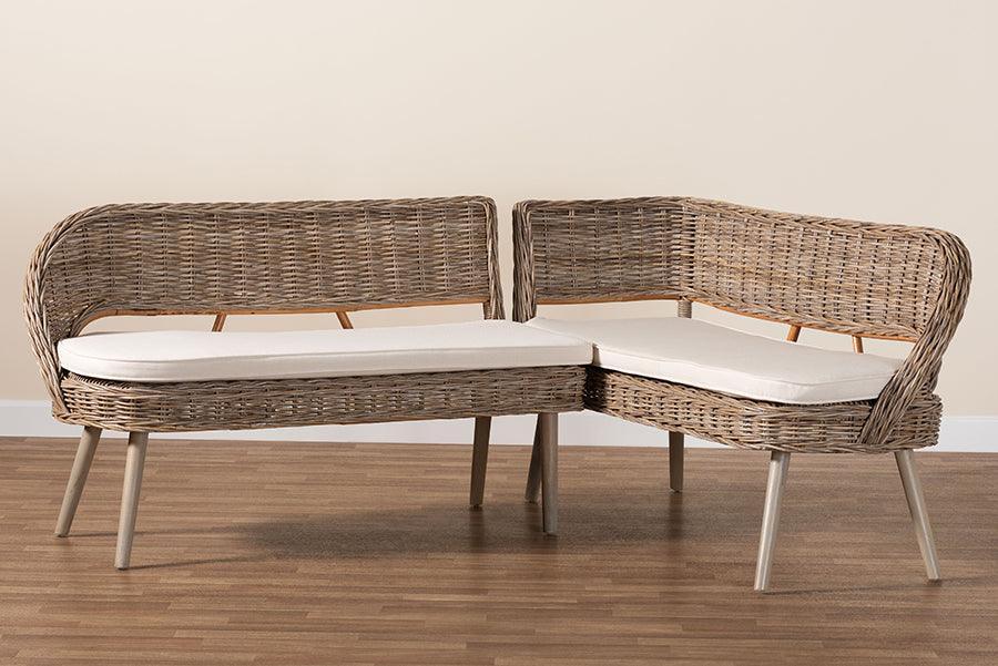 bali & pari Raisa Modern Bohemian Greywashed Seagrass and Acacia Wood 2-Piece Dining Nook Banquette Set FredCo