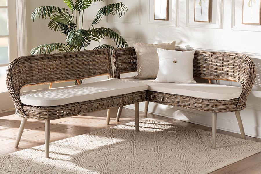 bali & pari Raisa Modern Bohemian Greywashed Seagrass and Acacia Wood 2-Piece Dining Nook Banquette Set FredCo