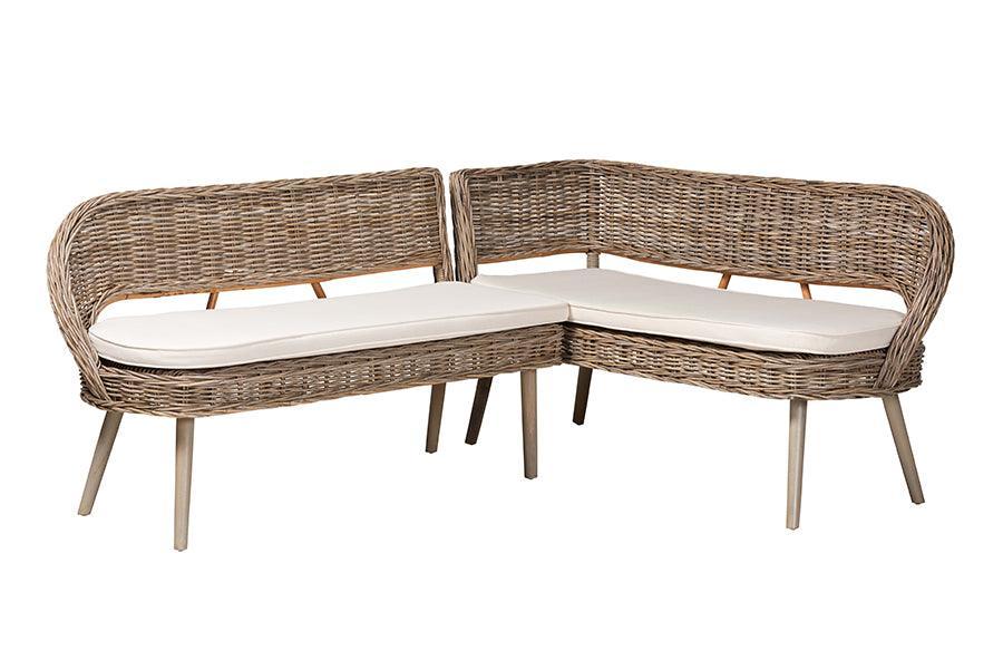bali & pari Raisa Modern Bohemian Greywashed Seagrass and Acacia Wood 2-Piece Dining Nook Banquette Set FredCo