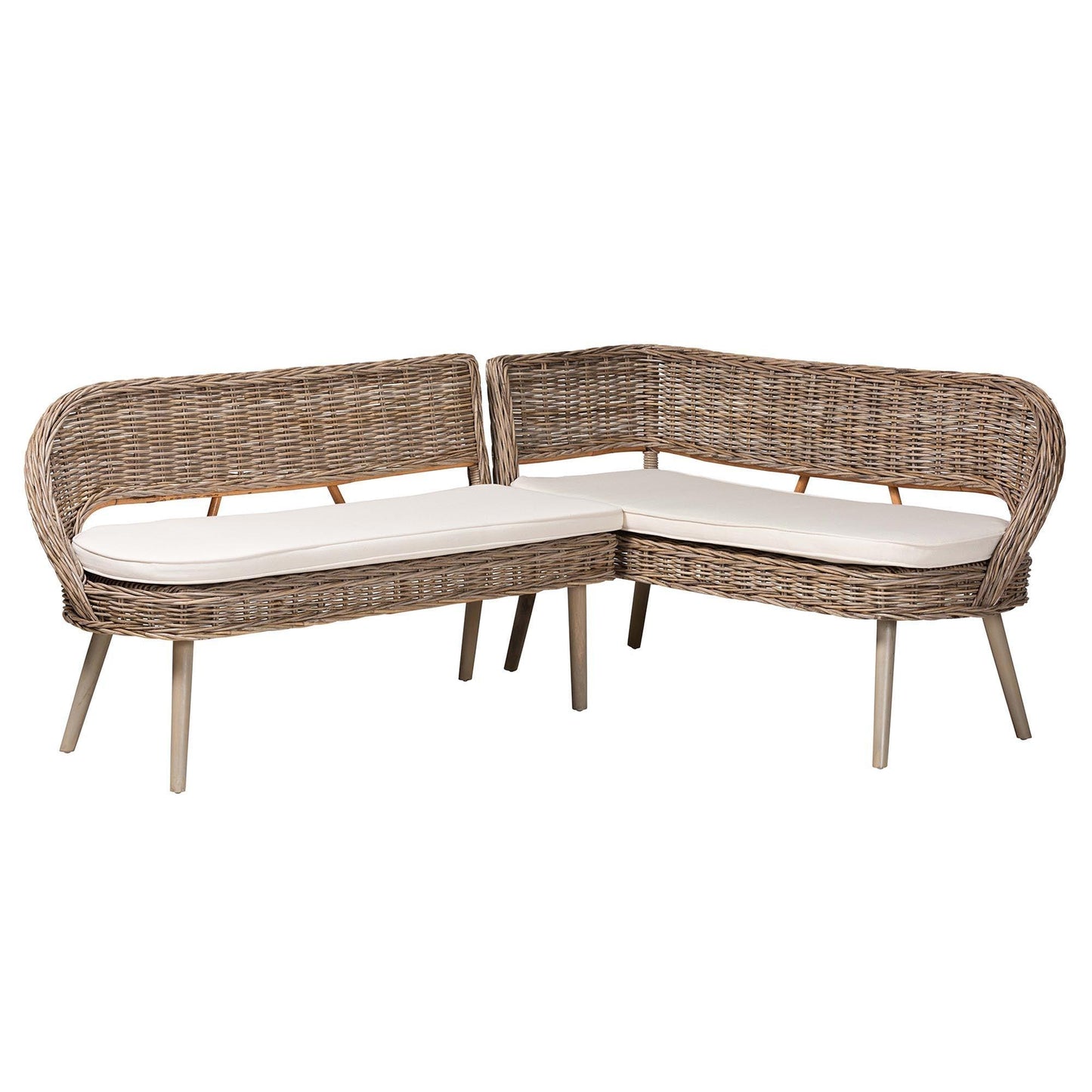 bali & pari Raisa Modern Bohemian Greywashed Seagrass and Acacia Wood 2-Piece Dining Nook Banquette Set FredCo