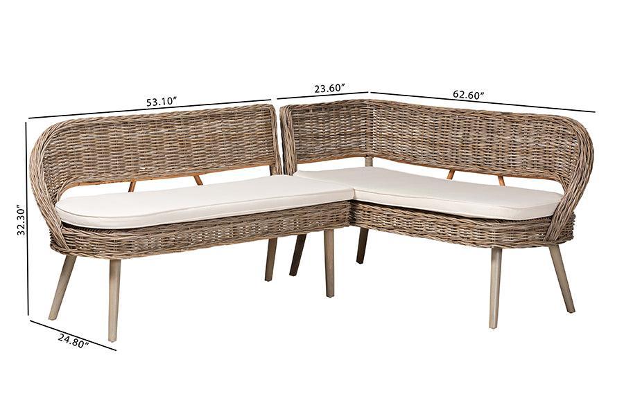 bali & pari Raisa Modern Bohemian Greywashed Seagrass and Acacia Wood 2-Piece Dining Nook Banquette Set FredCo