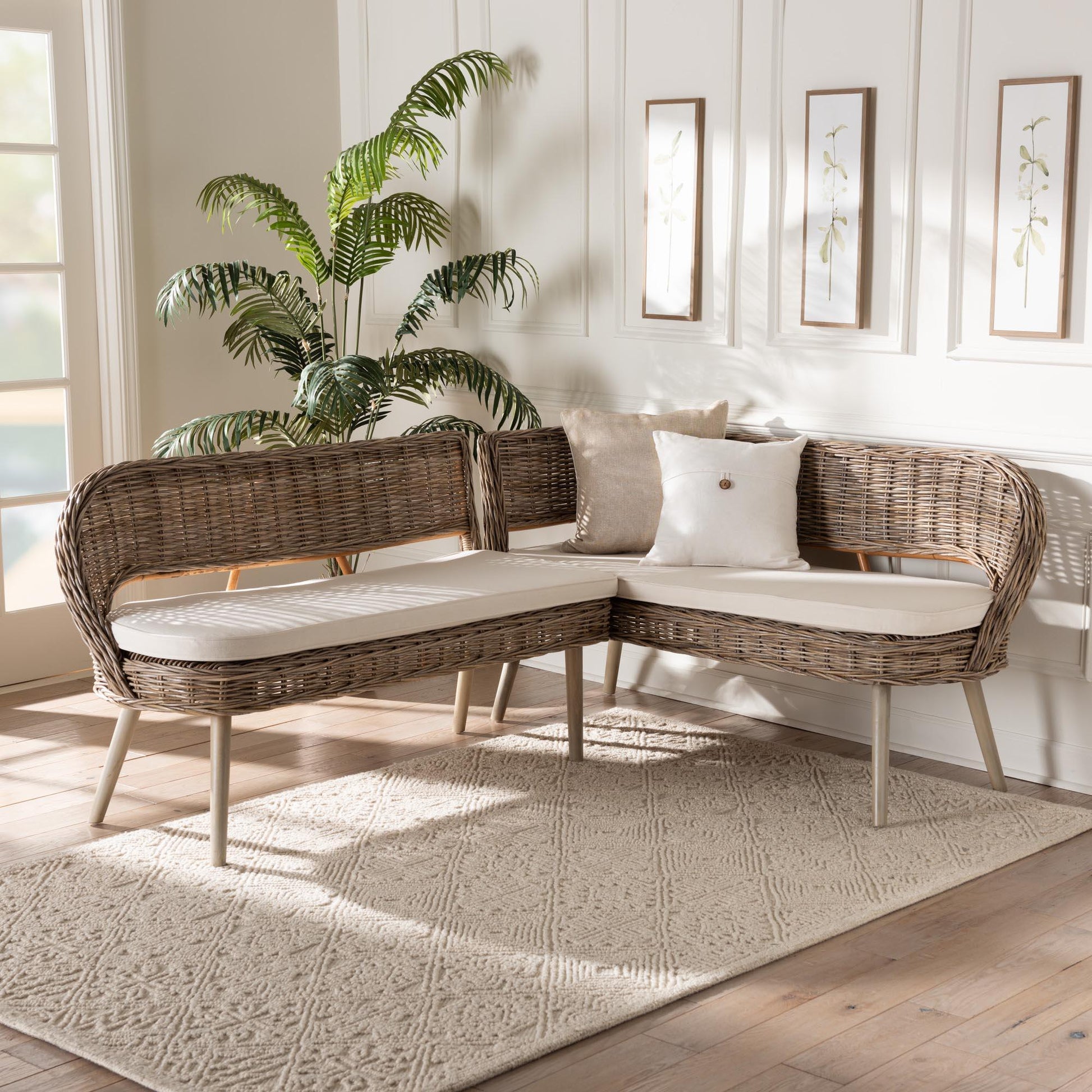bali & pari Raisa Modern Bohemian Greywashed Seagrass and Acacia Wood 2-Piece Dining Nook Banquette Set FredCo