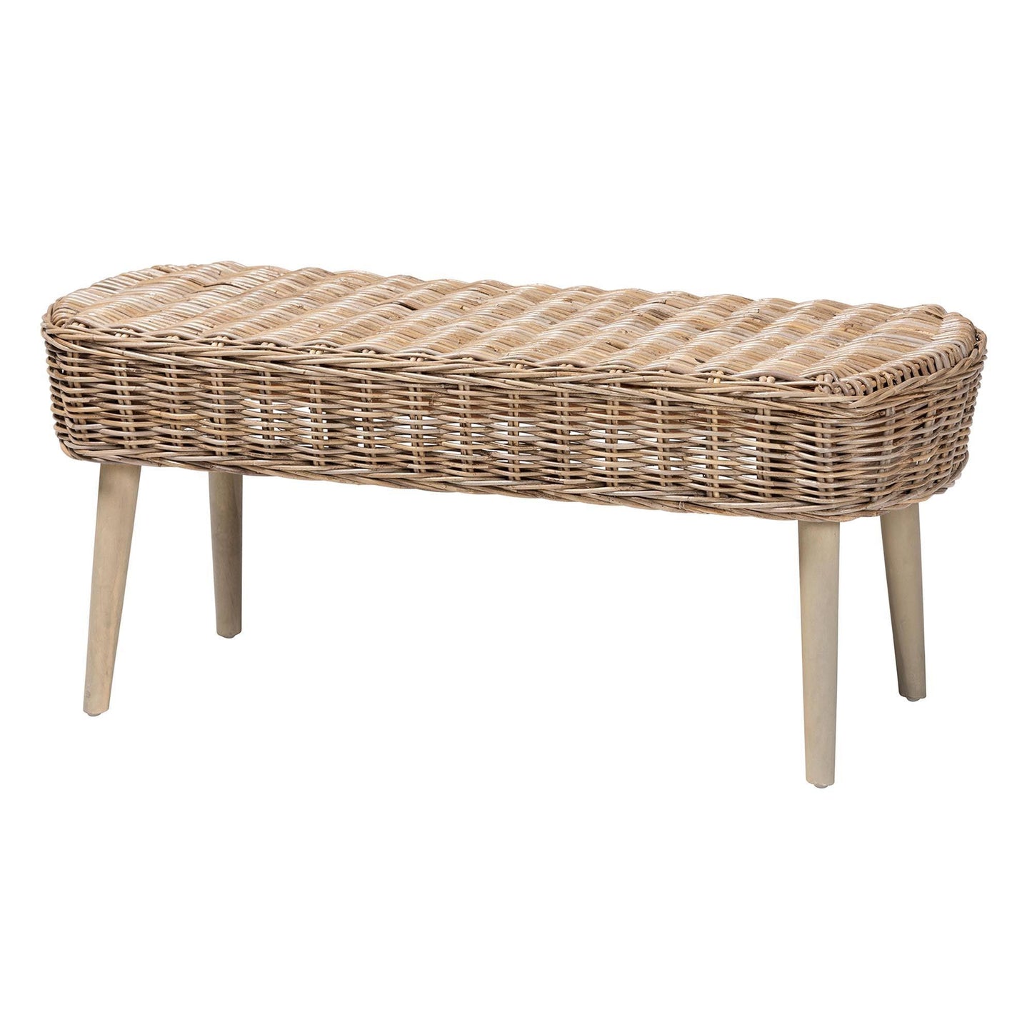 bali & pari Raisa Modern Bohemian Natural Kubu Rattan and Grey Acacia Wood Accent Bench FredCo
