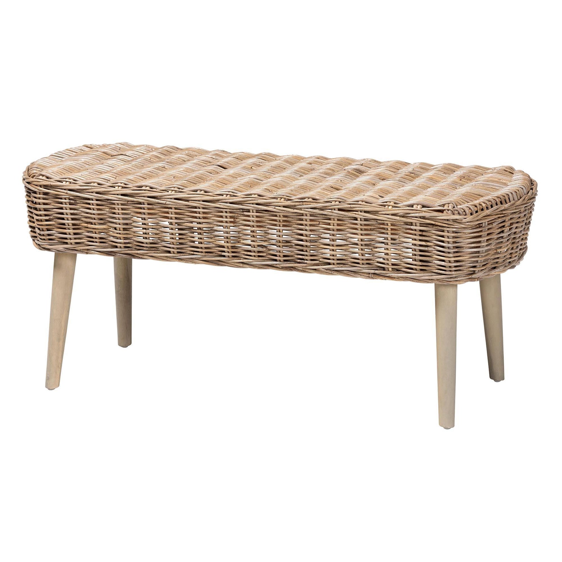 bali & pari Raisa Modern Bohemian Natural Kubu Rattan and Grey Acacia Wood Accent Bench FredCo