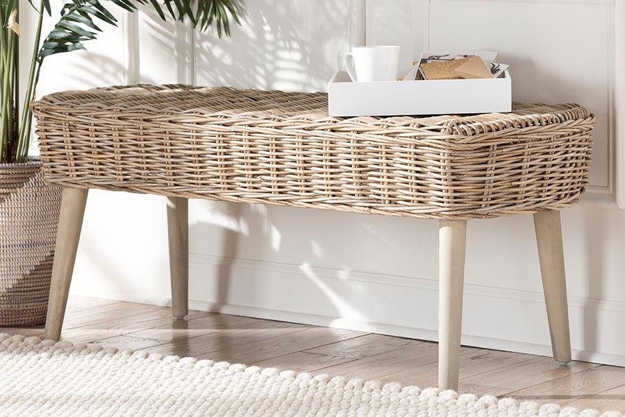 bali & pari Raisa Modern Bohemian Natural Kubu Rattan and Grey Acacia Wood Accent Bench FredCo