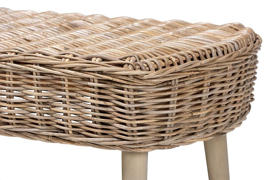 bali & pari Raisa Modern Bohemian Natural Kubu Rattan and Grey Acacia Wood Accent Bench FredCo