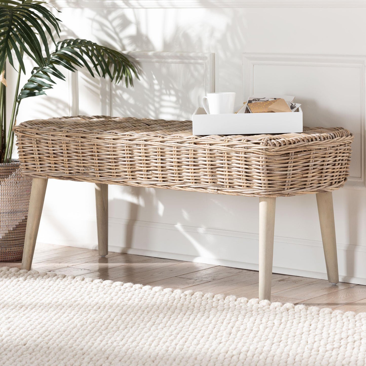 bali & pari Raisa Modern Bohemian Natural Kubu Rattan and Grey Acacia Wood Accent Bench FredCo