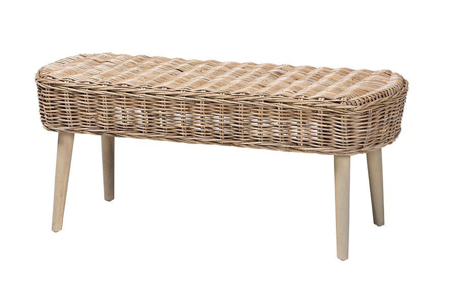 bali & pari Raisa Modern Bohemian Natural Kubu Rattan and Grey Acacia Wood Accent Bench FredCo